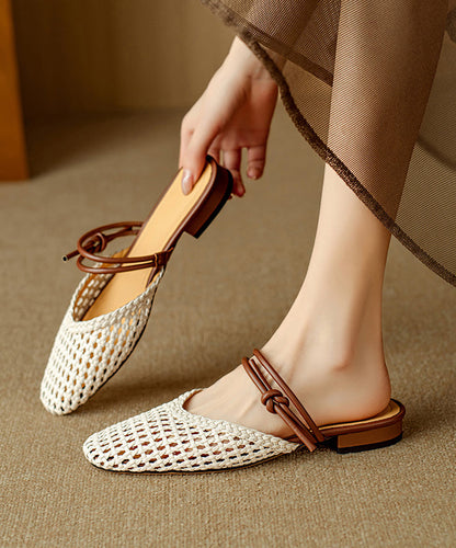 Sandals Hollow Beige Breathable Bohemian Woven Out Slide