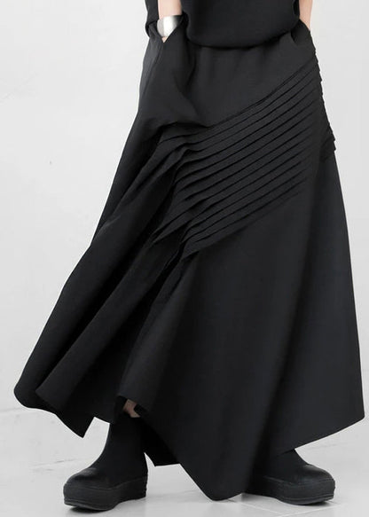 Wrinkled Asymmetrical Fall Black Cotton Bohemian Skirt