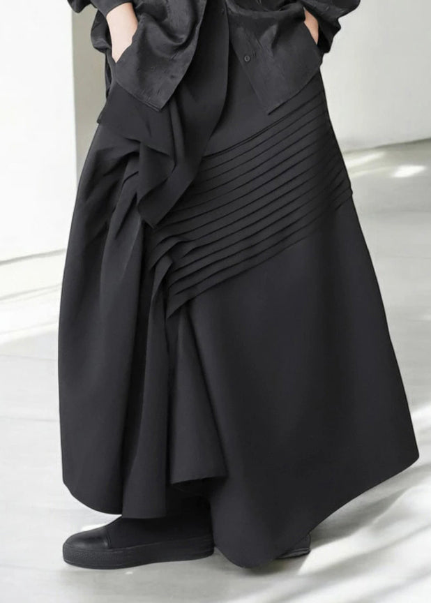 Wrinkled Asymmetrical Fall Black Cotton Bohemian Skirt