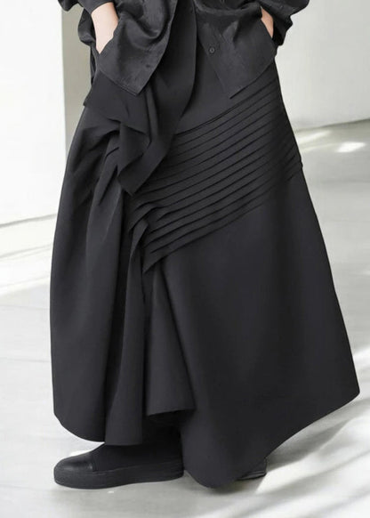 Wrinkled Asymmetrical Fall Black Cotton Bohemian Skirt