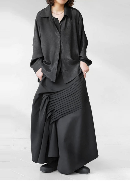 Wrinkled Asymmetrical Fall Black Cotton Bohemian Skirt