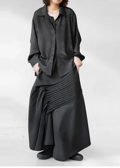 Wrinkled Asymmetrical Fall Black Cotton Bohemian Skirt