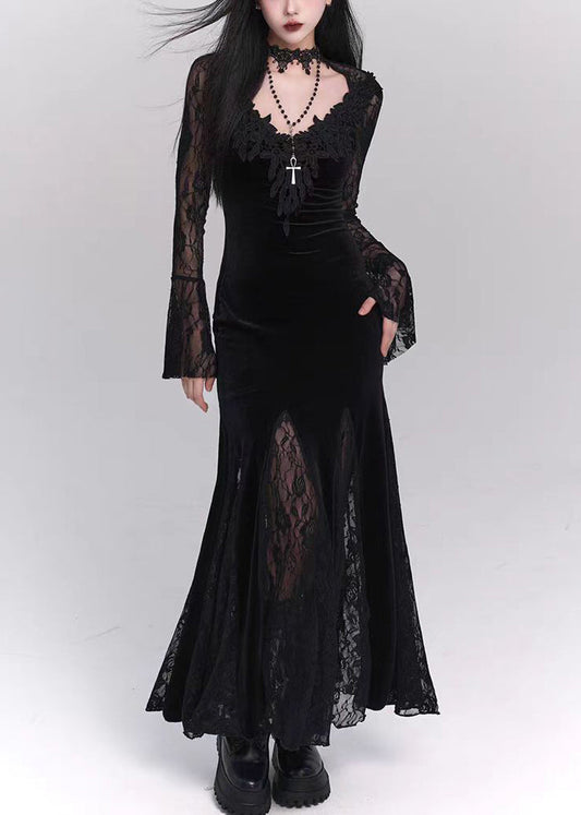 Bohemian Black Hollow Out Lace Patchwork Silk Velvet Maxi Dresses Flare Sleeve YT034