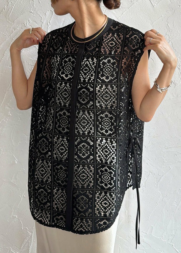 Bohemian Tops Sleeveless Out Lace Hollow Black Oversized