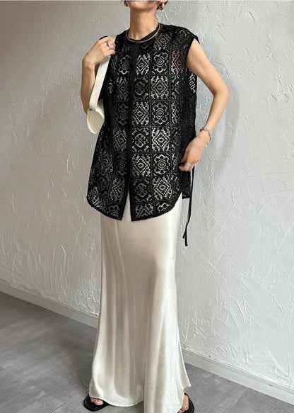 Bohemian Tops Sleeveless Out Lace Hollow Black Oversized