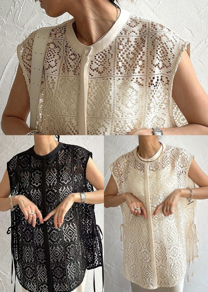 Bohemian Tops Sleeveless Out Lace Hollow Black Oversized
