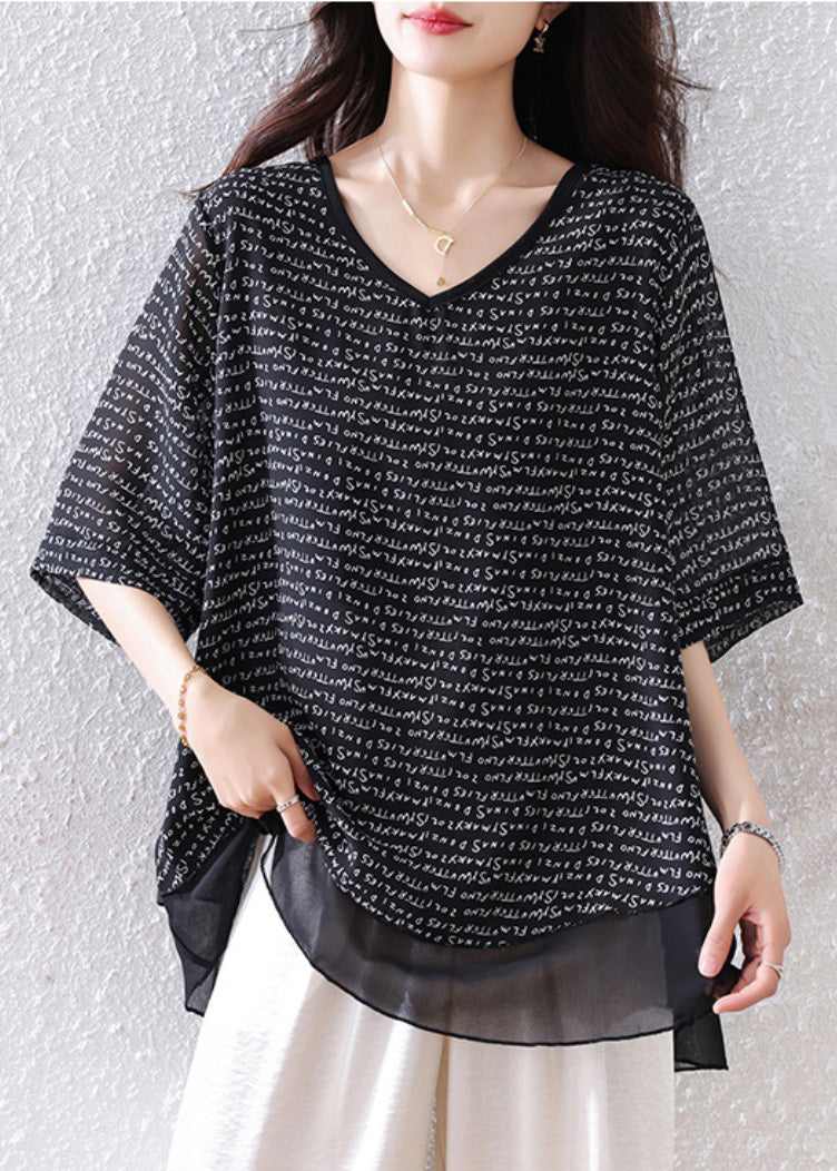 Patchwork Black Oversized Summer Tops Bohemian Chiffon