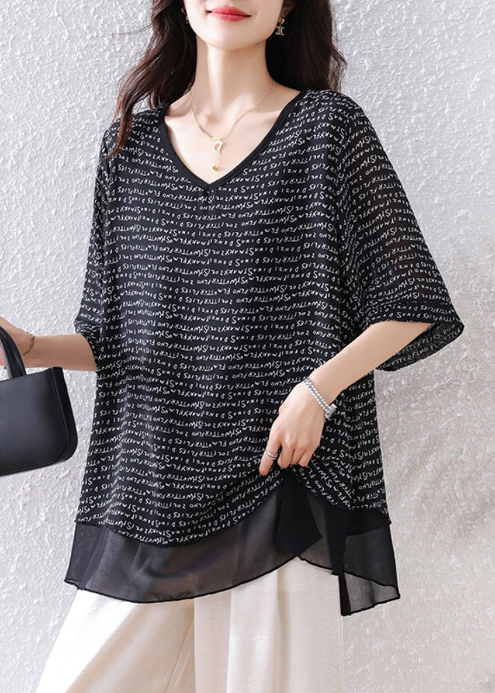 Patchwork Black Oversized Summer Tops Bohemian Chiffon
