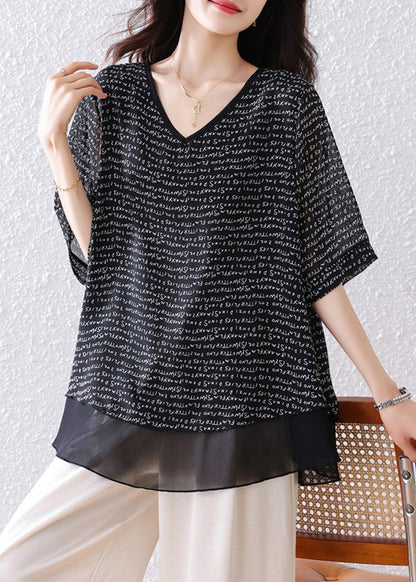 Patchwork Black Oversized Summer Tops Bohemian Chiffon