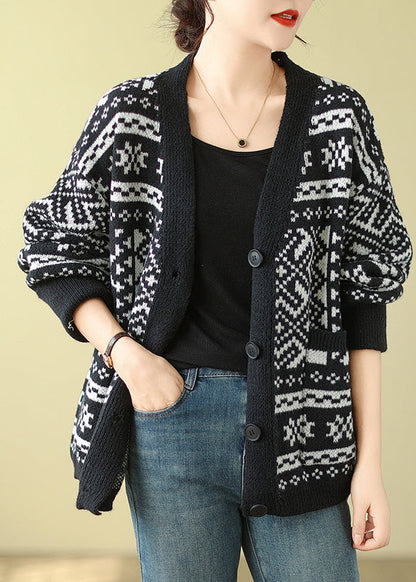 Bohemian Black Oversized Print Knit Cardigan Spring TM006