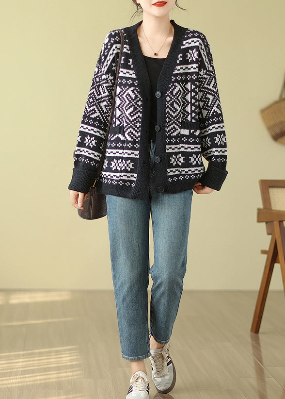 Bohemian Black Oversized Print Knit Cardigan Spring TM006