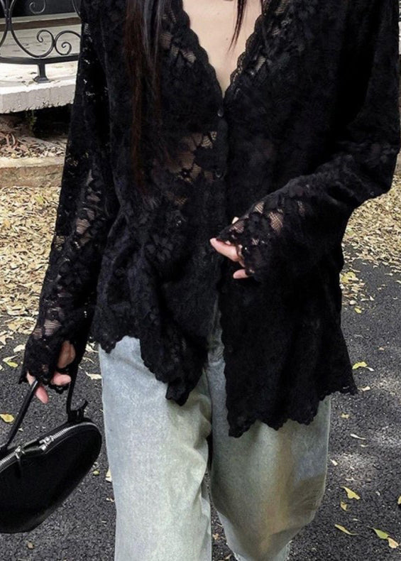Shirt Spring Neck Bohemian Black Lace Hollow Out V