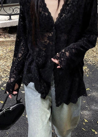 Shirt Spring Neck Bohemian Black Lace Hollow Out V