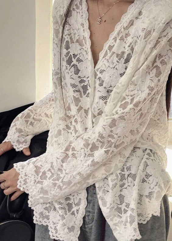 Shirt Spring Neck Bohemian Black Lace Hollow Out V