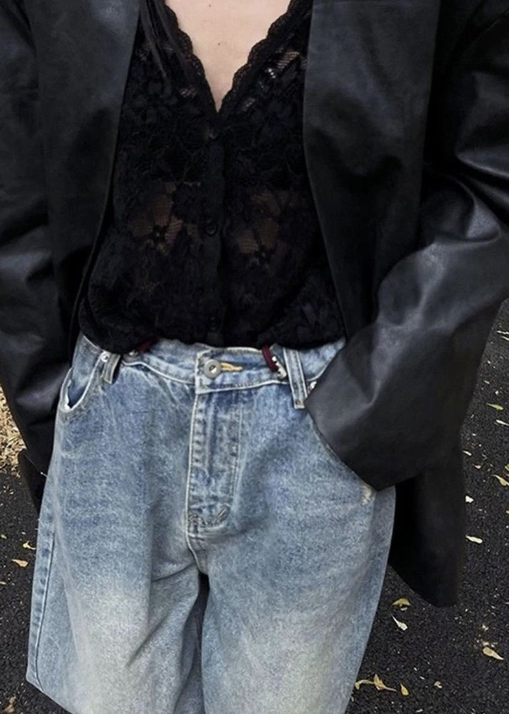 Shirt Spring Neck Bohemian Black Lace Hollow Out V