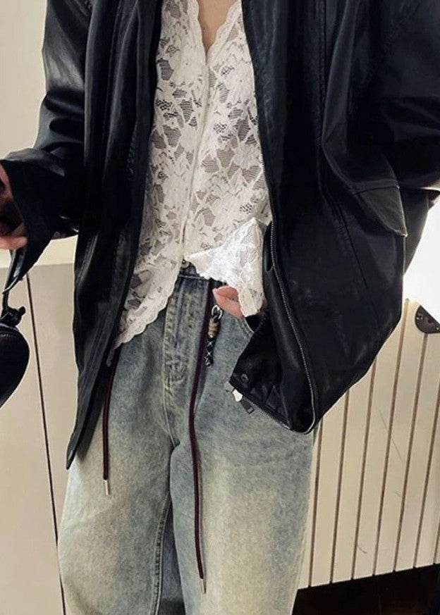 Shirt Spring Neck Bohemian Black Lace Hollow Out V