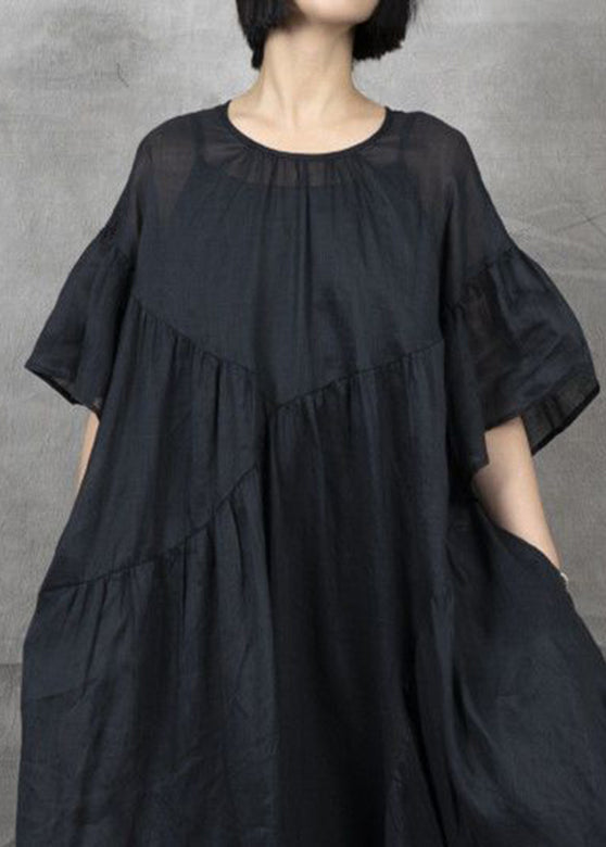 Bohemian Black Wrinkled Patchwork Maxi Dress Short Sleeve GH1043