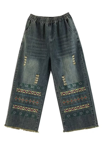 Bohemian Blue Embroidered Pockets Denim Wide Leg Pants Spring QQ1036