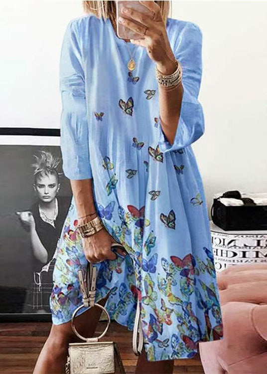 Blue Mid Butterfly Summer Dress Neck O Bohemian Print Cotton