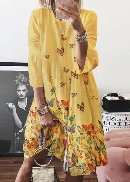 Blue Mid Butterfly Summer Dress Neck O Bohemian Print Cotton