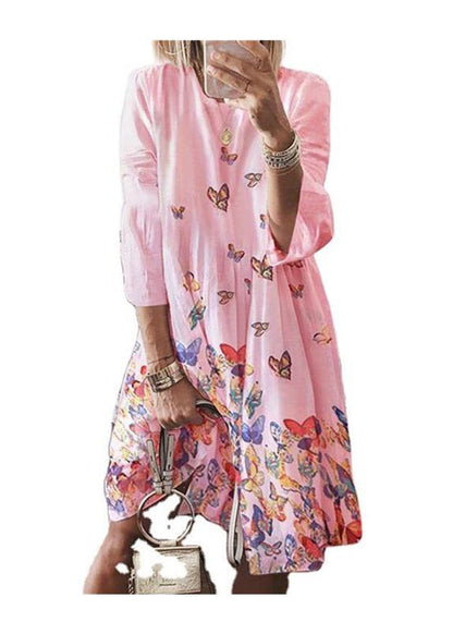 Blue Mid Butterfly Summer Dress Neck O Bohemian Print Cotton