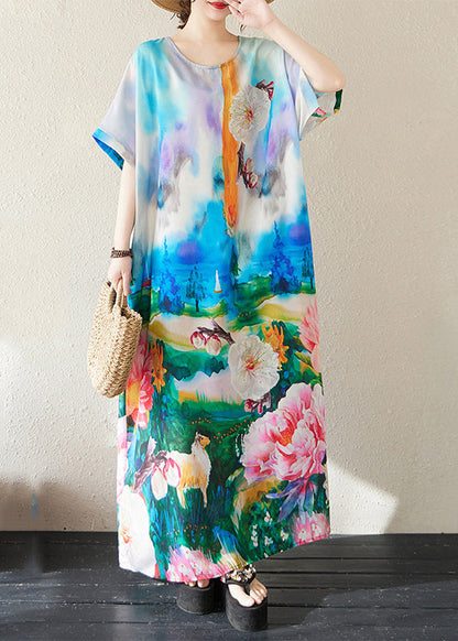 Bohemian Summer Dresses Cotton Oversized Blue Tie Dye Maxi