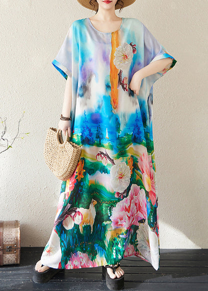 Bohemian Summer Dresses Cotton Oversized Blue Tie Dye Maxi