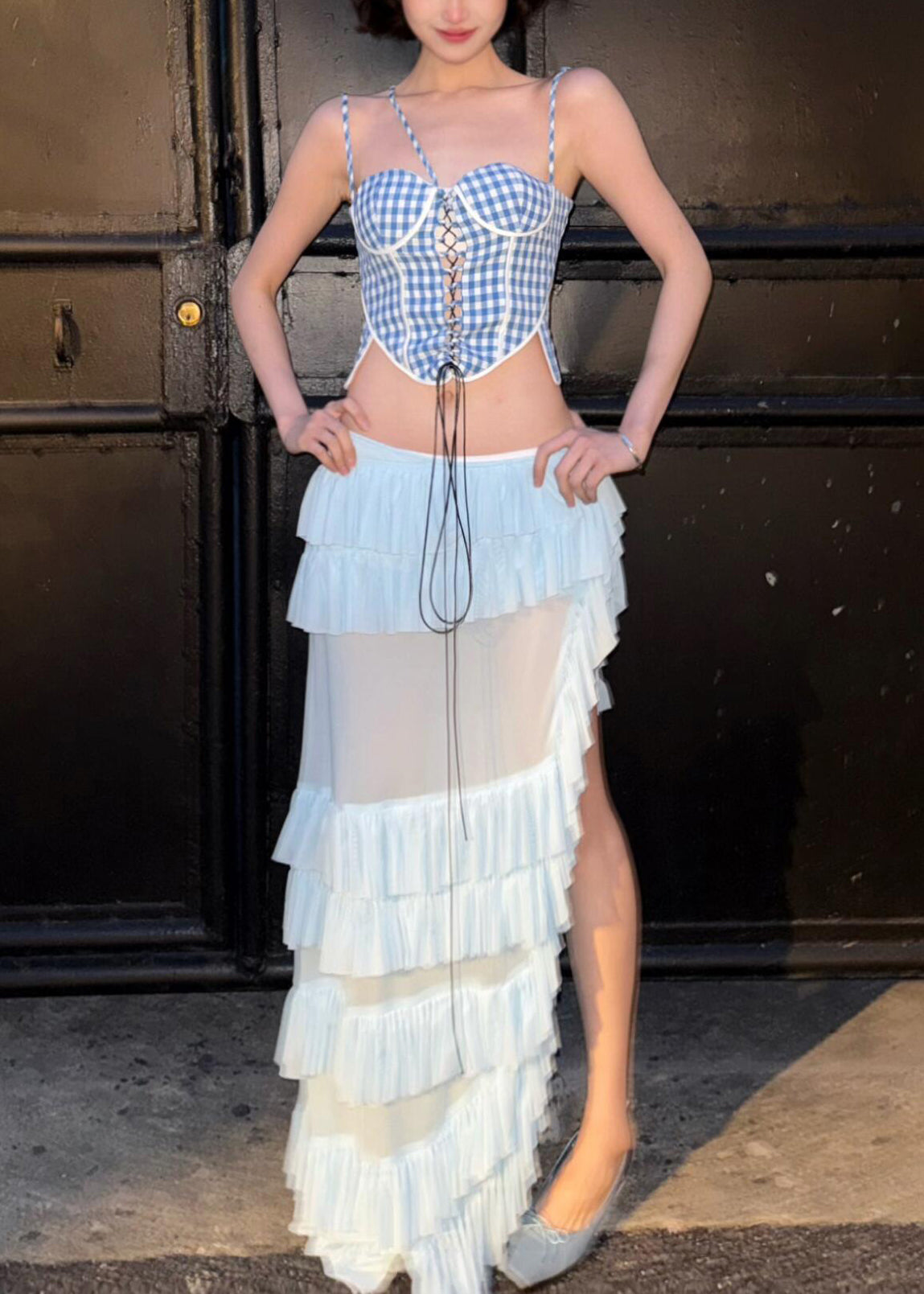 Ruffled Cotton White Plaid Skirts And Two Bohemian Tank Blue