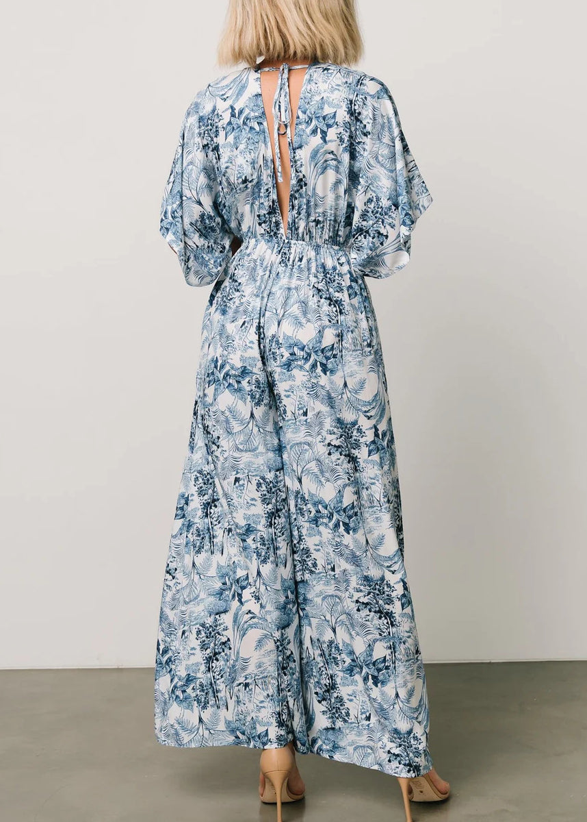 Bohemian Blue Print Lace Up Pockets Cotton Jumpsuit Summer AU1010