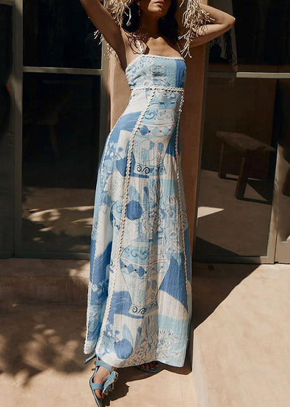 Dress Patchwork Print Summer Spaghetti Strap Bohemian Blue Long
