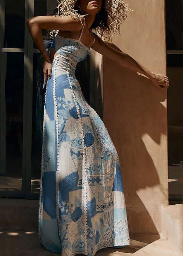 Dress Patchwork Print Summer Spaghetti Strap Bohemian Blue Long