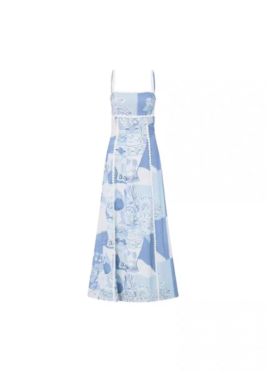 Dress Patchwork Print Summer Spaghetti Strap Bohemian Blue Long