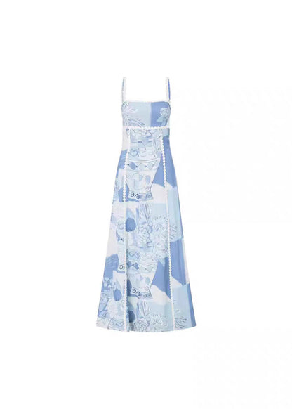 Dress Patchwork Print Summer Spaghetti Strap Bohemian Blue Long