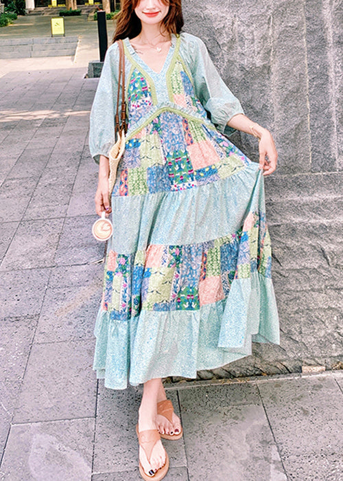Bohemian Dresses Patchwork Print Half Blue Side Cotton Open Maxi