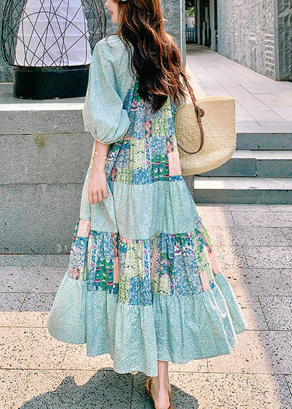 Bohemian Dresses Patchwork Print Half Blue Side Cotton Open Maxi