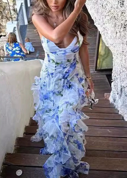 Bohemian Blue Ruffled Print Tulle Spaghetti Strap Dress Sleeveless BB046