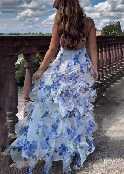 Bohemian Blue Ruffled Print Tulle Spaghetti Strap Dress Sleeveless BB046