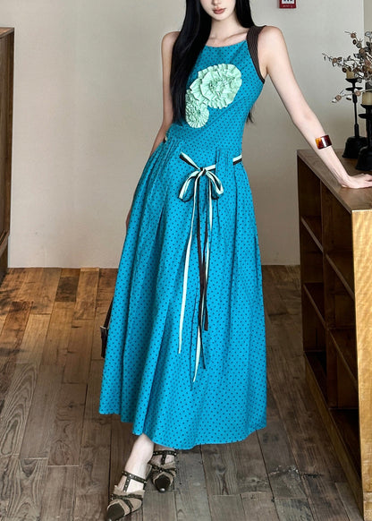 Tie Cotton Decorated Dress Sleeveless Blue Waist Flower Bohemian