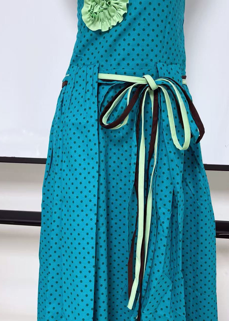 Tie Cotton Decorated Dress Sleeveless Blue Waist Flower Bohemian