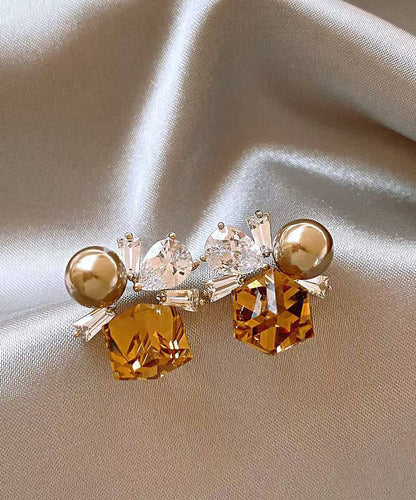 Brown Crystal Pearl Earrings Stud Alloy Bohemian