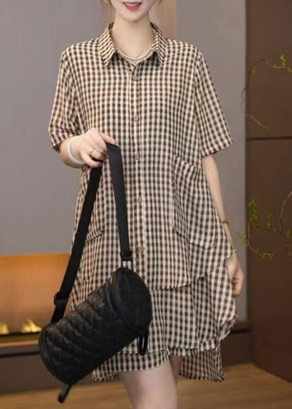 Cotton Brown Set Plaid Oversized Summer Two Bohemian Pieces