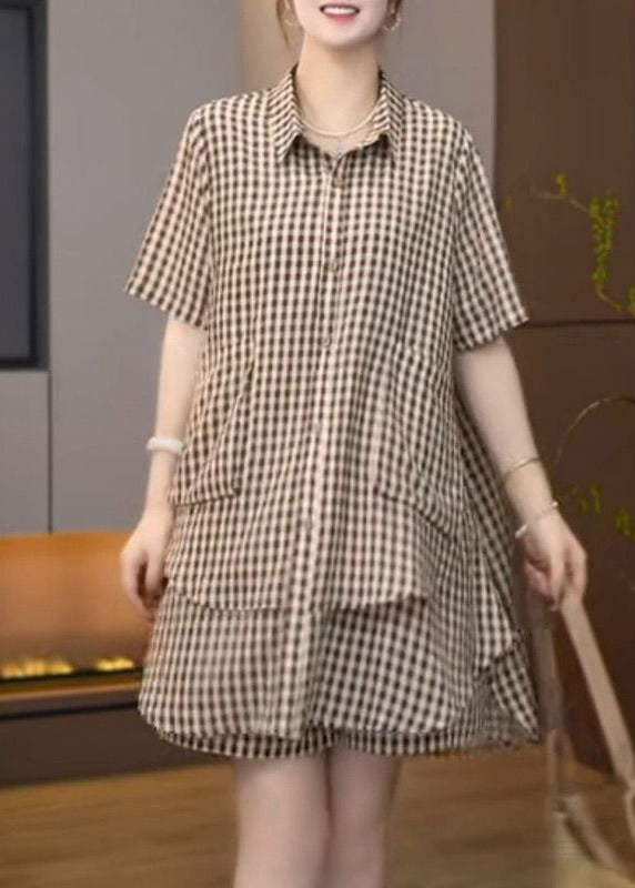 Cotton Brown Set Plaid Oversized Summer Two Bohemian Pieces