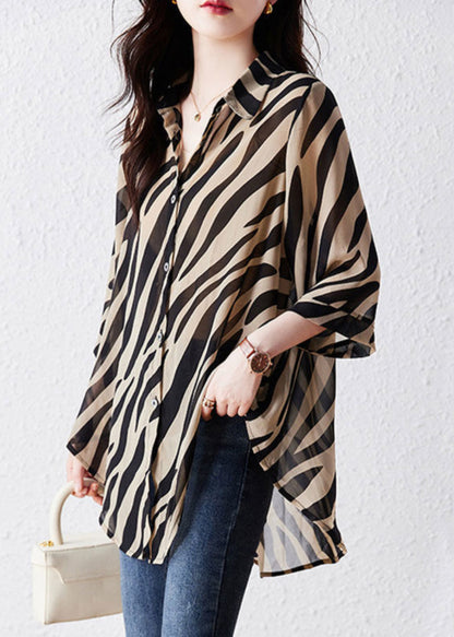 Bohemian Brown Oversized Striped Chiffon Shirt Top Summer YY029