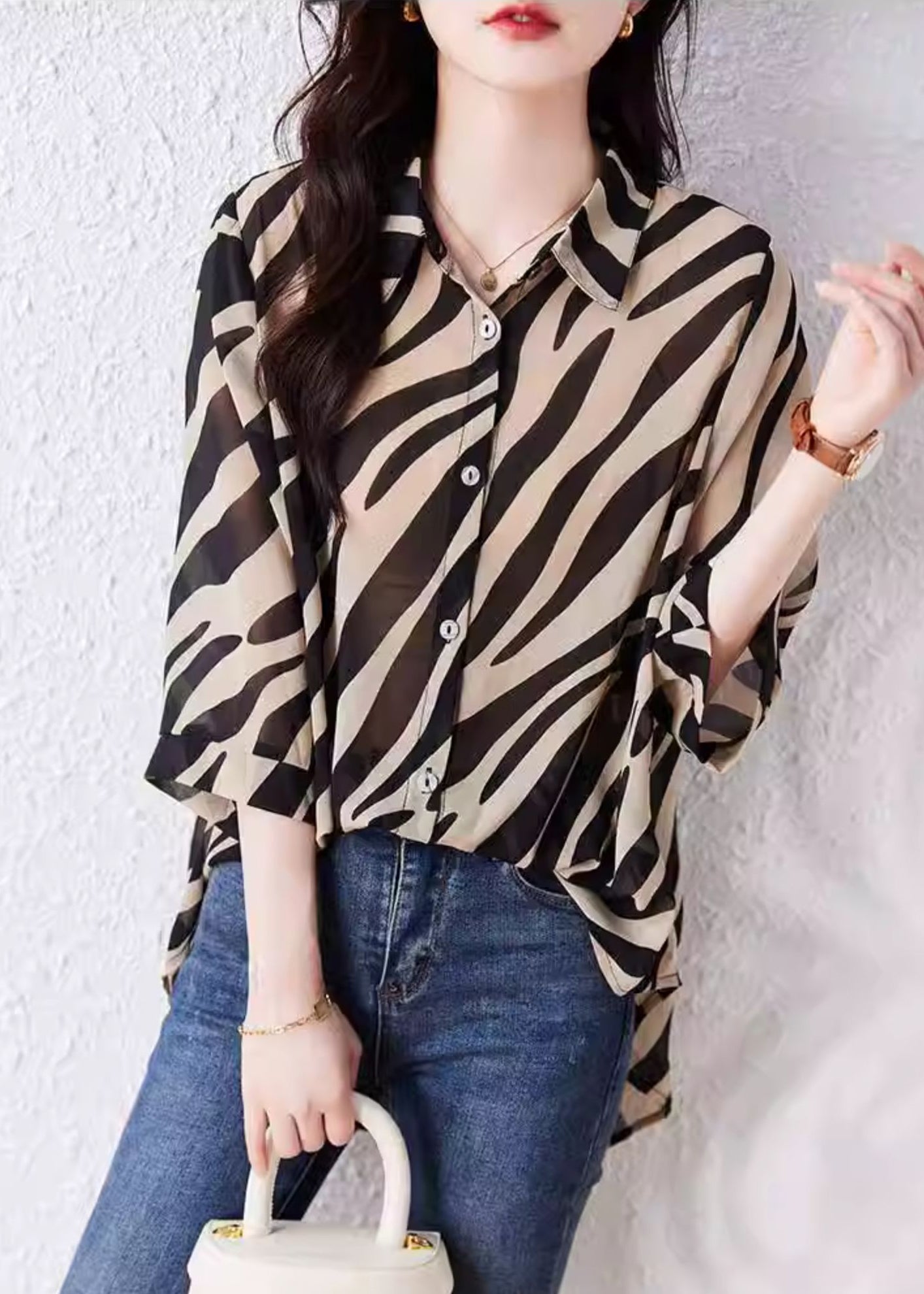 Bohemian Brown Oversized Striped Chiffon Shirt Top Summer YY029