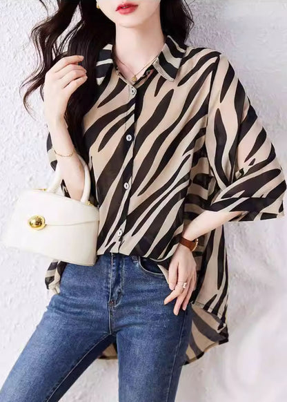 Bohemian Brown Oversized Striped Chiffon Shirt Top Summer YY029