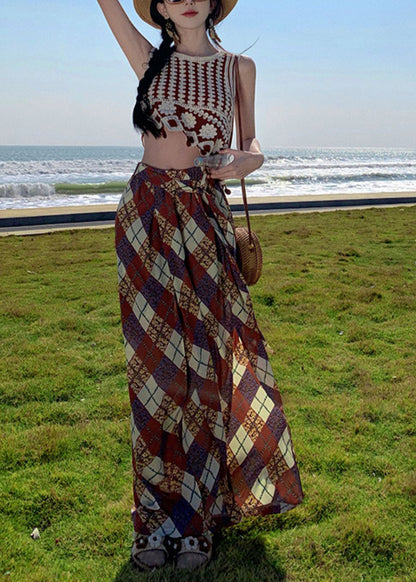 Open Chiffon Pants Wide Print Brown Summer Bohemian Side Leg