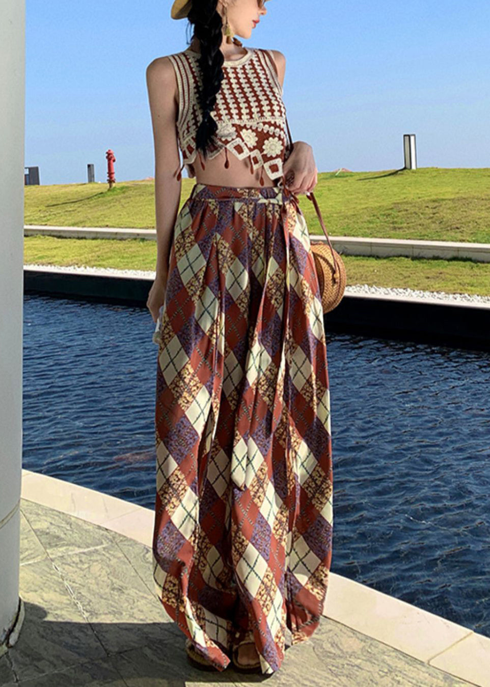 Open Chiffon Pants Wide Print Brown Summer Bohemian Side Leg