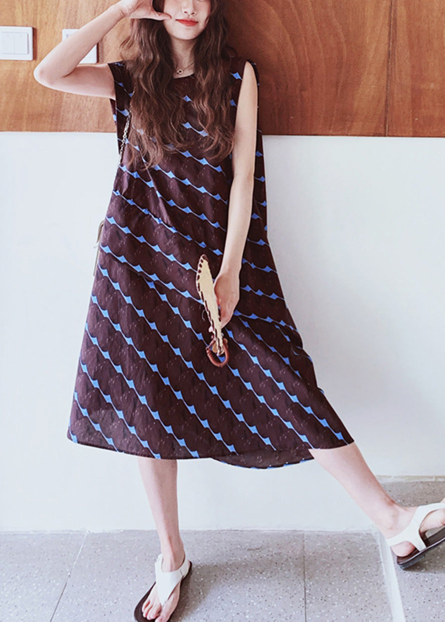 Line Print A Oversized Bohemian Dress Cotton Sleeveless Chocolate