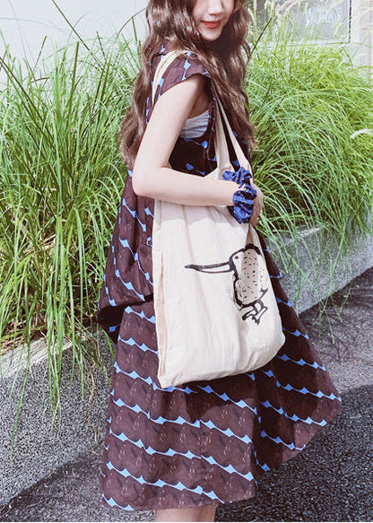 Line Print A Oversized Bohemian Dress Cotton Sleeveless Chocolate