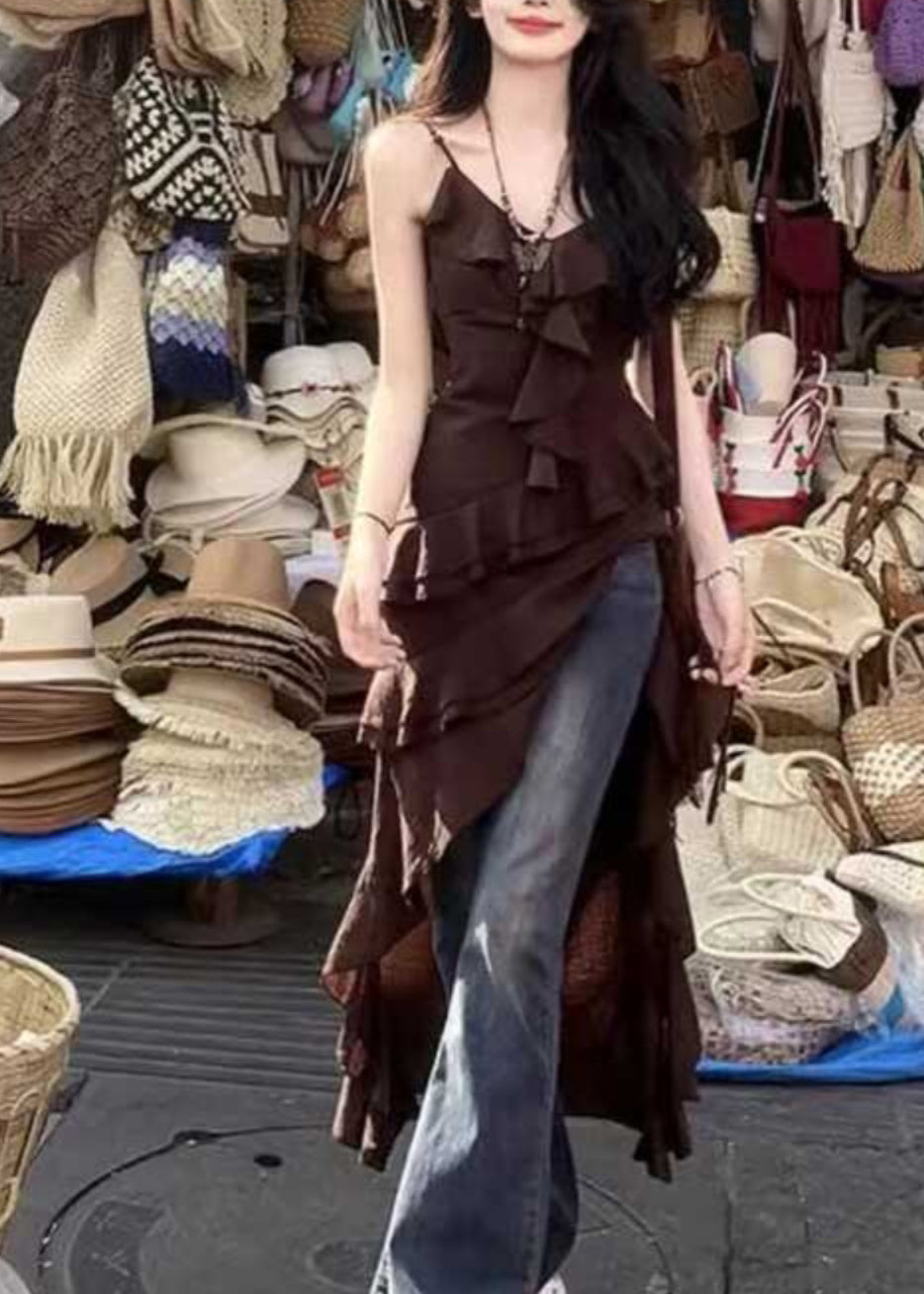 Bohemian Chocolate V-Ausschnitt Asymmetrisches Rüschen Spaghettiträgerkleid Sommer UU1026